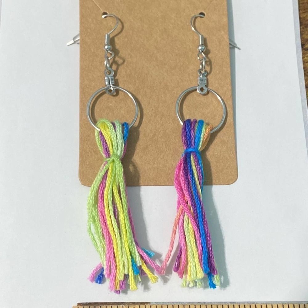 Rainbow Tassel Fringe Statement Earrings Slip On Dangle Hoop Silver Green Pink‎ - Picture 3 of 6